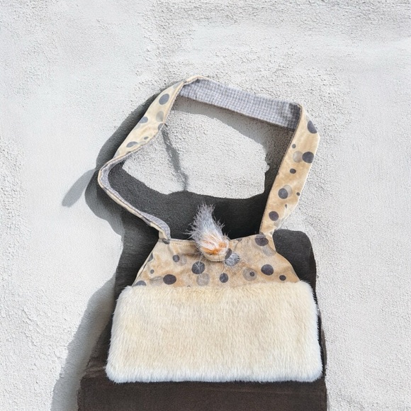 Handmade shabby chic Polka Dot and Cream Shoulder Bag with real fur Y2K - Picture 1 of 7